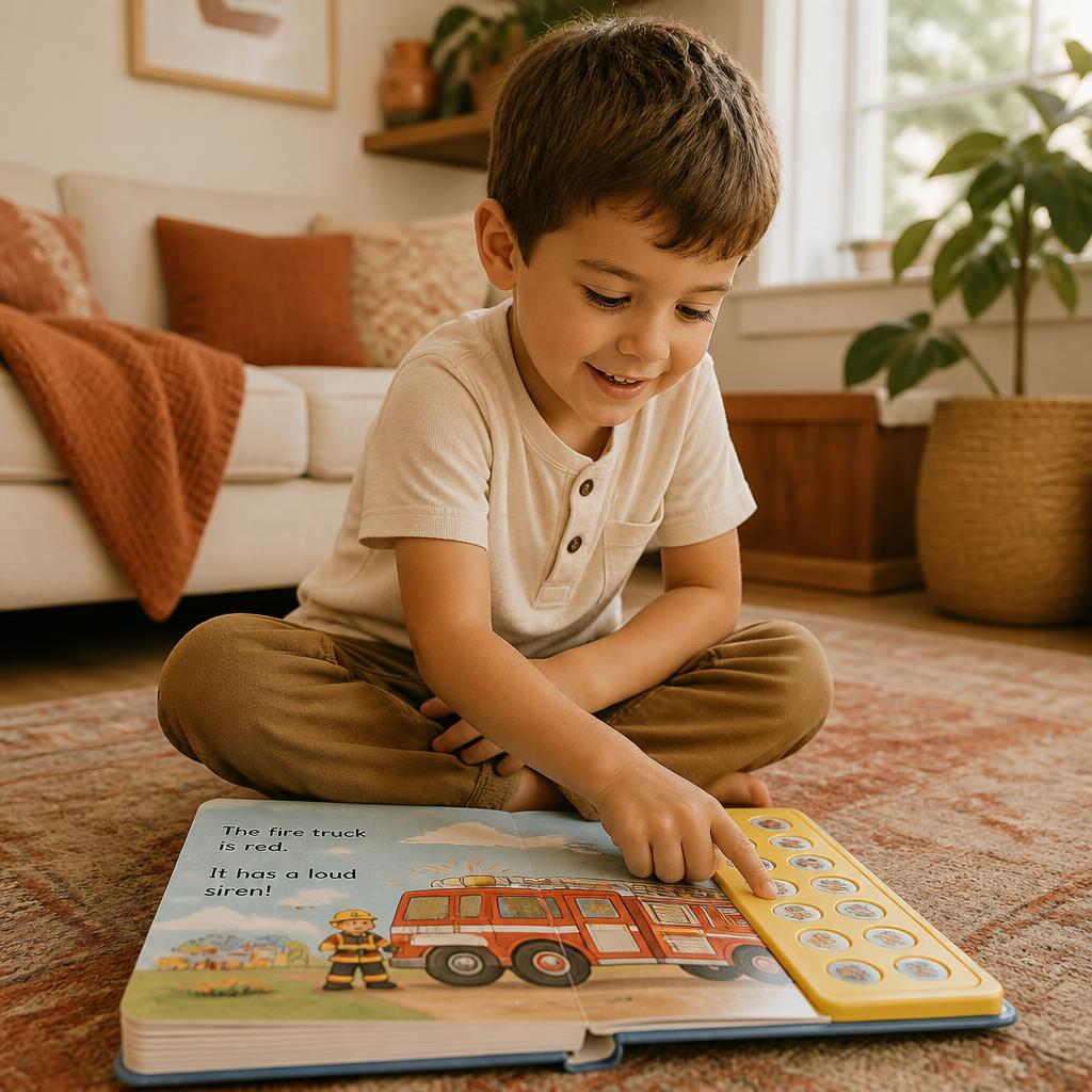 Boy reading the sound book by himself