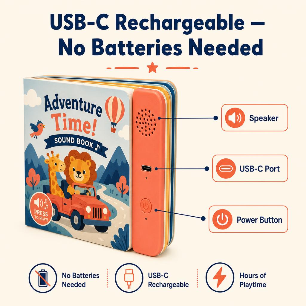 USB-C rechargeable sound book with speaker and power button